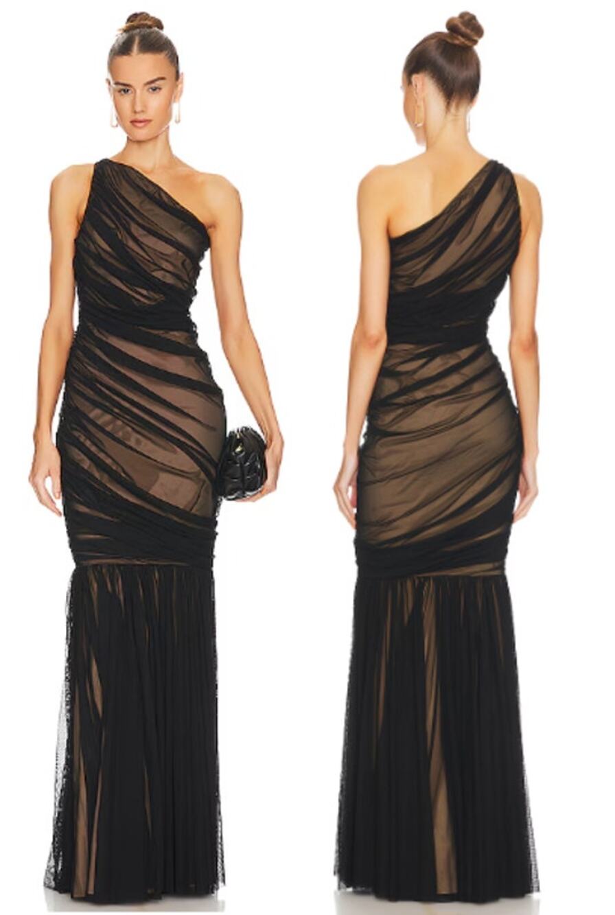 NWT Norma Kamali Diana One Shoulder Fishtail Gown Black Mesh & Nude Women's M/38